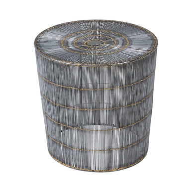 Templar silver wireframe cylindrical side table with woven wire mesh and concentric circular silver top pattern