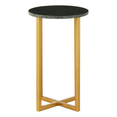 Gold-finished metal templar small marble side table with round black stone top for small spaces