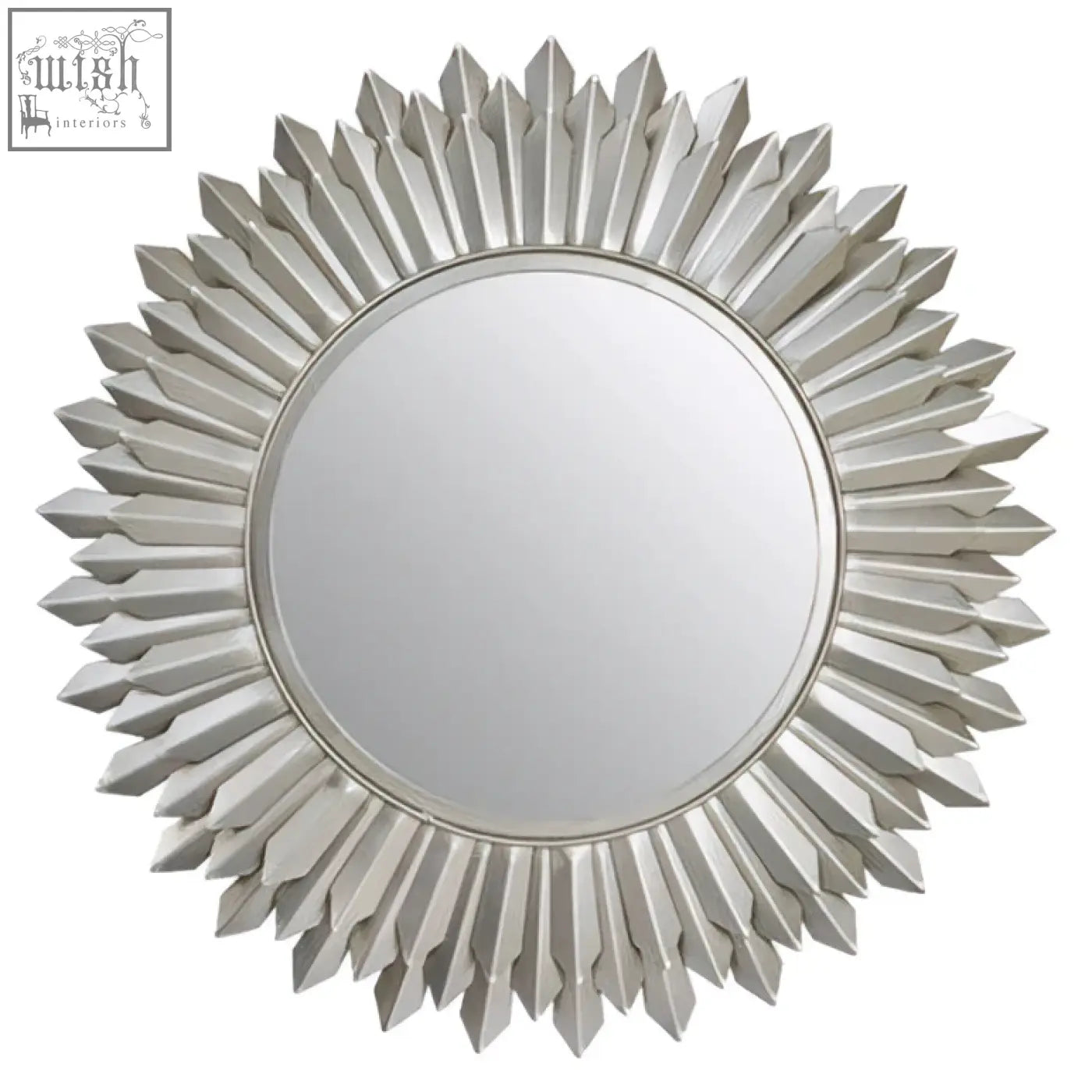 Templar sunburst wall mirror with a silver metallic faceted frame radiating from a central circular glass sunburst wall mirror
