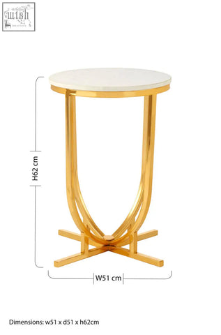 Gold round metal side table with a white marble top from the templar white marble collection