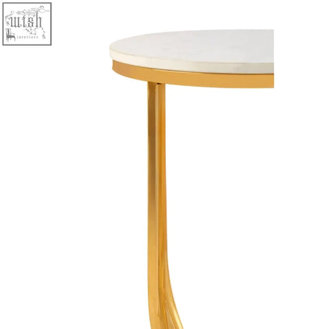 A templar white marble and gold round side table with a sleek white marble top and slender gold legs