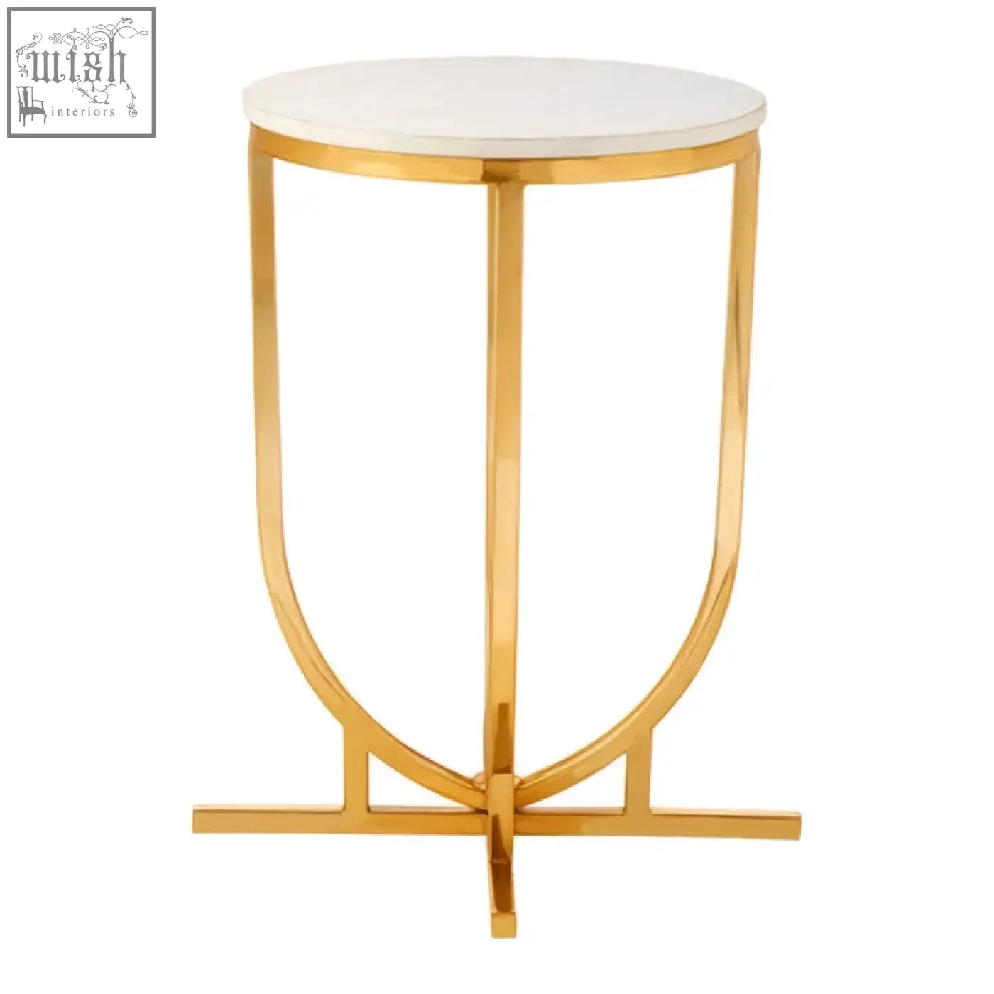 Gold round templar white marble side table with curved geometric metal frame and white marble top