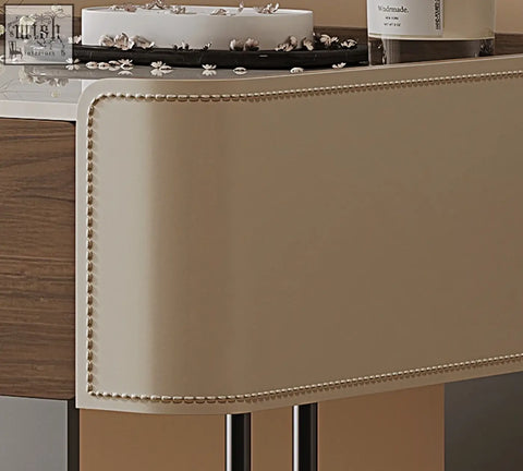 Beige upholstered barstool with metallic nailhead trim for tendai vintage dressing table setup