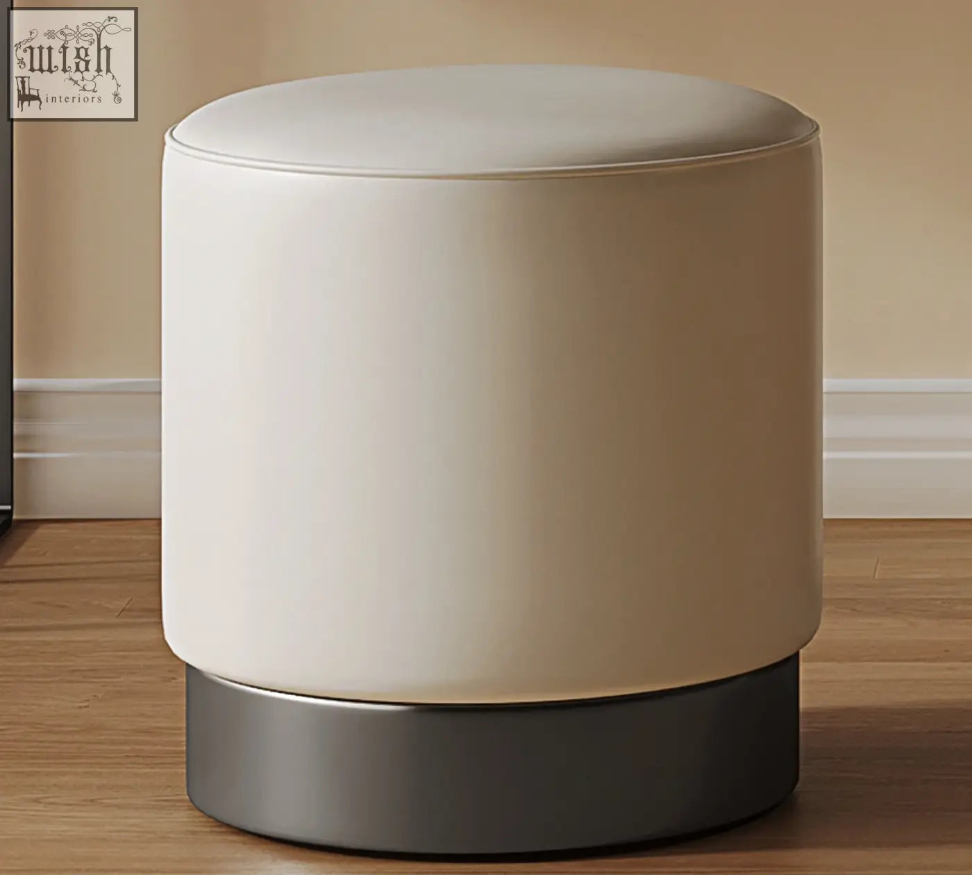 Cream-colored upholstered round stool with sleek metallic base for tendai vintage dressing table setup
