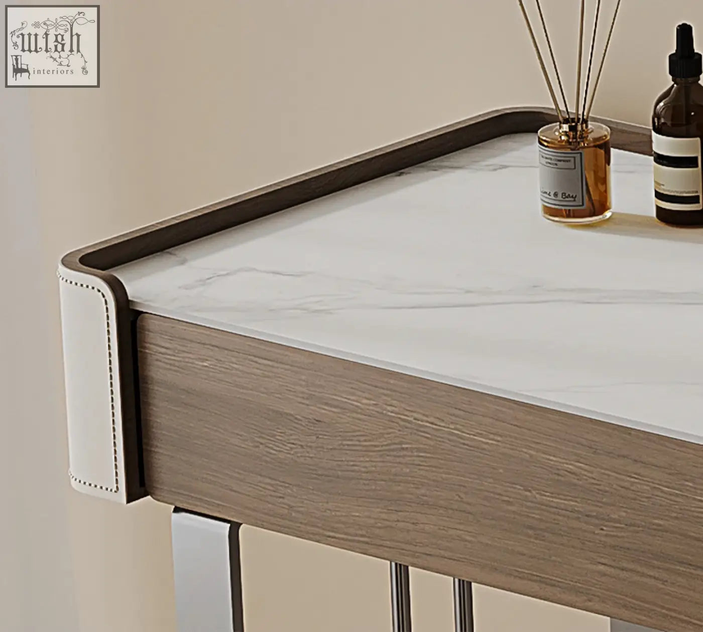 Modern tendai vintage dressing table with white marble top wood grain panels and cream leather trim vintage dressing table