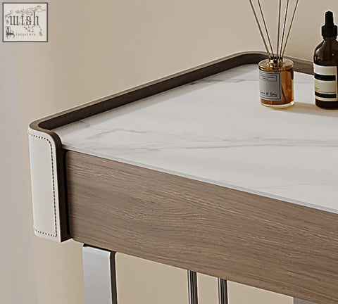 Modern tendai vintage dressing table with white marble top wood grain panels and cream leather trim vintage dressing table