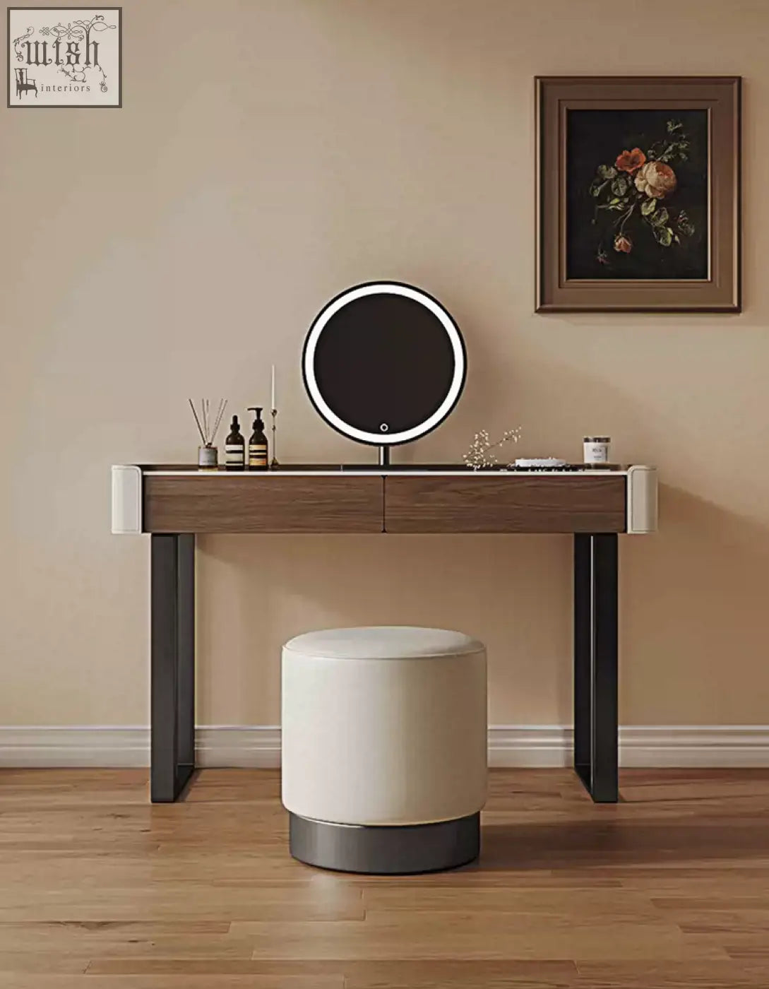 Modern round vanity mirror with glowing led ring and sleek black frame on tendai vintage dressing table