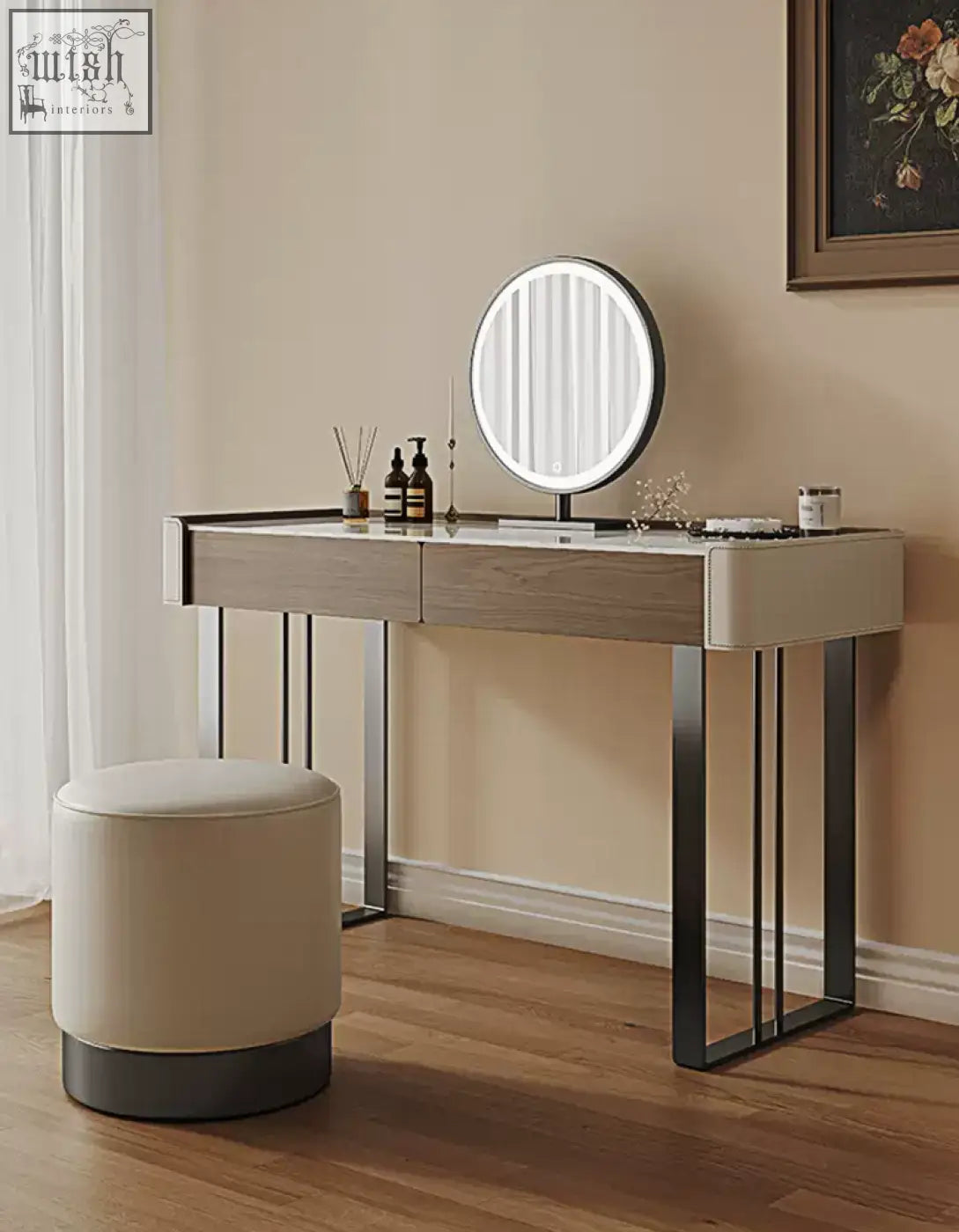 Tendai vintage dressing table with light wood finish black metal legs and integrated circular led mirror vintage dressing