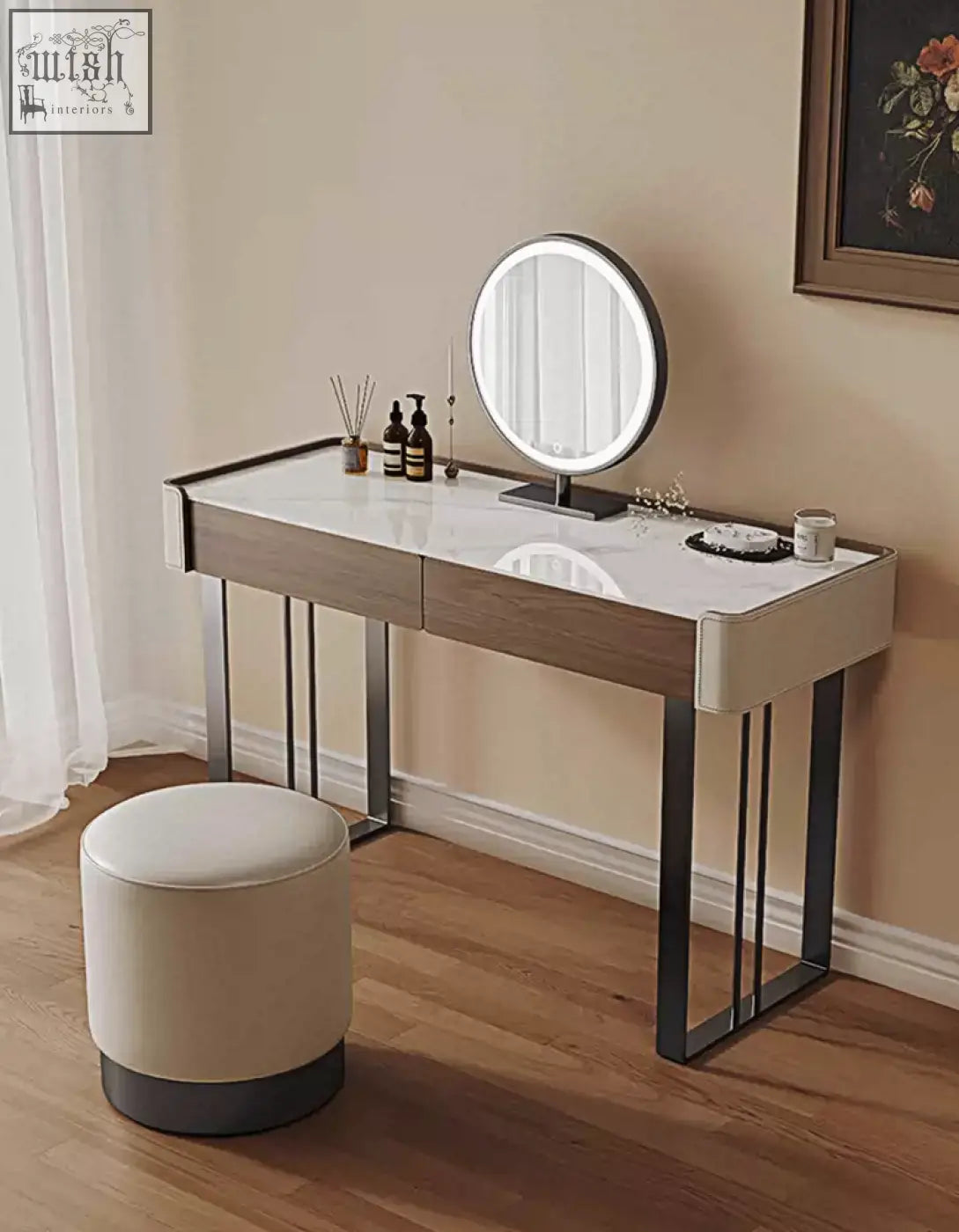 Tendai vintage dressing table with white marble top, wood-grain sides, and black metal legs vintage dressing table