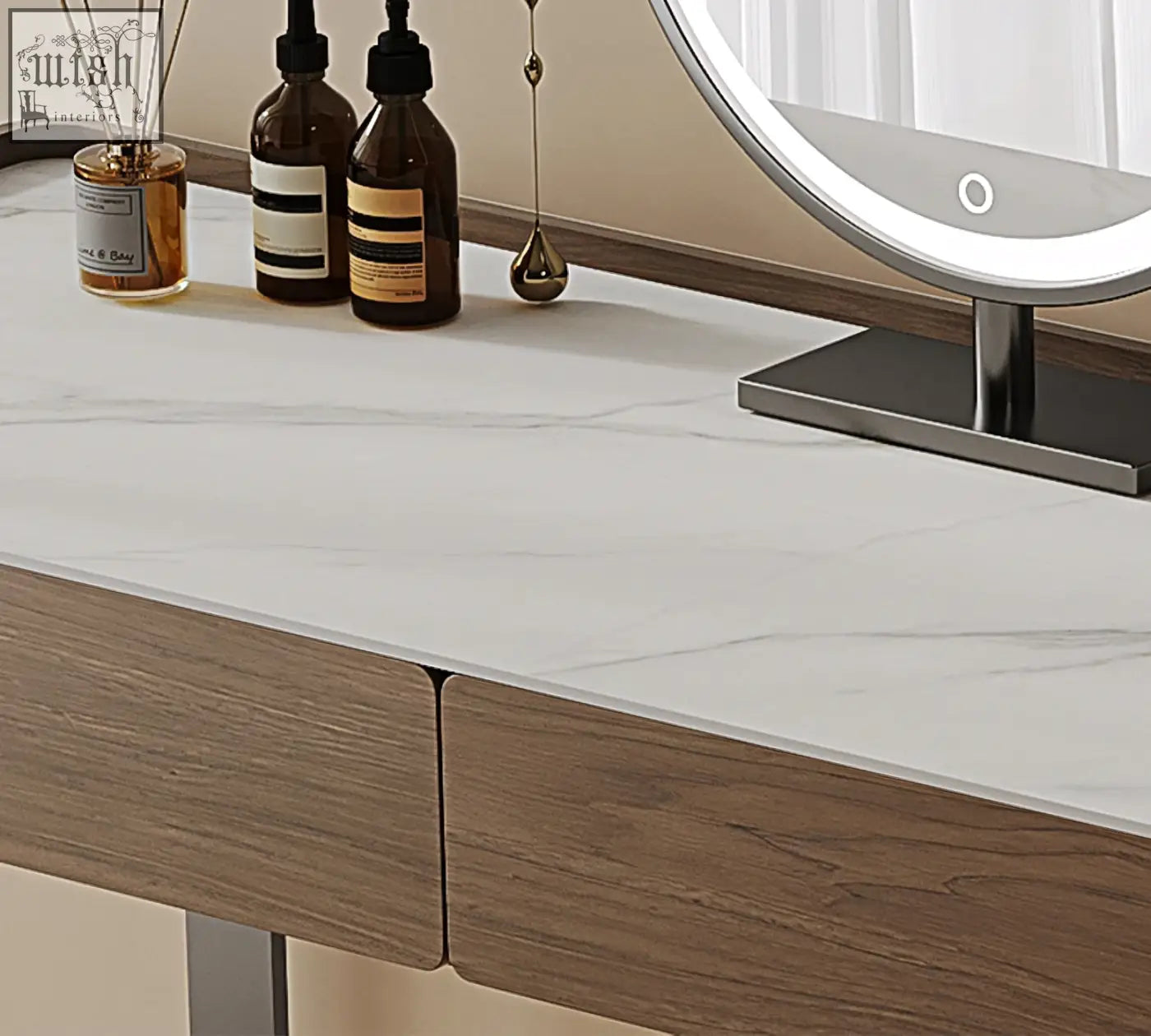Tendai vintage dressing table with white marble top and wood grain drawers vintage dressing table