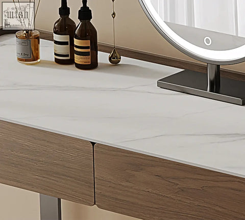 Tendai vintage dressing table with white marble top and wood grain drawers vintage dressing table