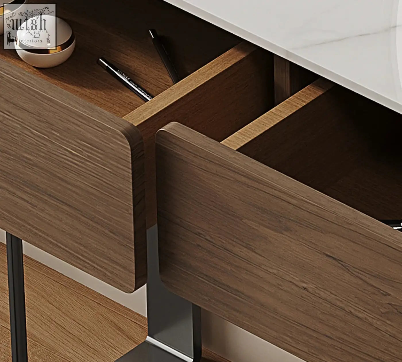 Modern wooden drawer fronts with warm brown finish on tendai vintage dressing table for stylish vintage dressing