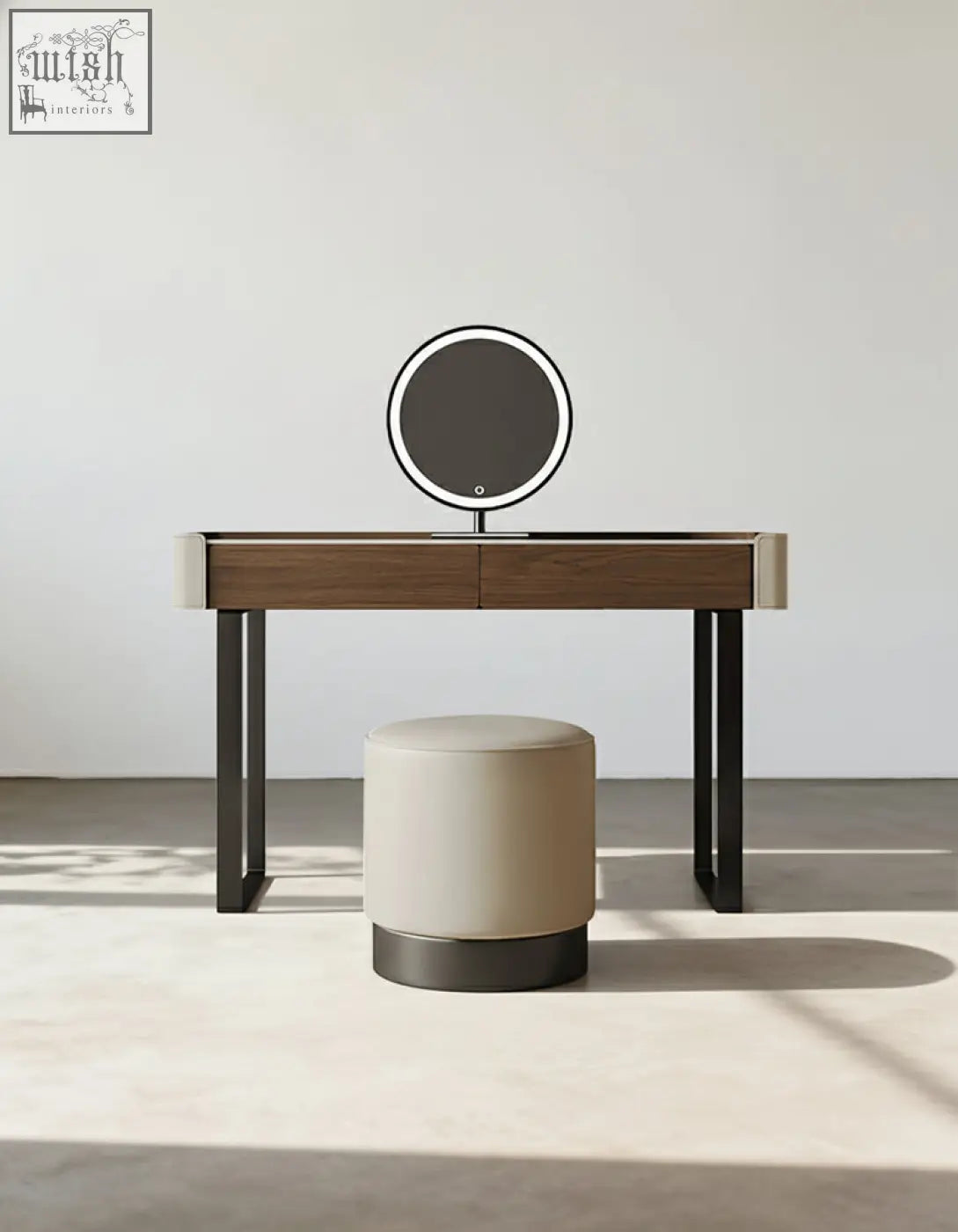 Modern wooden tendai vintage dressing table with black metal legs and circular led mirror for vintage dressing setup