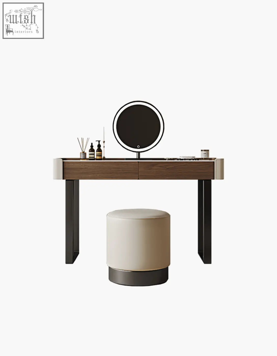 Modern wooden tendai vintage dressing table with round backlit mirror and beige stool perfect for vintage dressing
