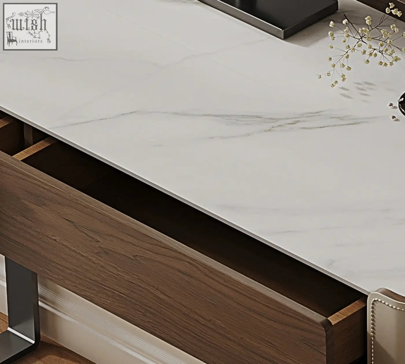 Tendai vintage dressing table with white marble effect tabletop and dark wood drawer front for classic vintage dressing