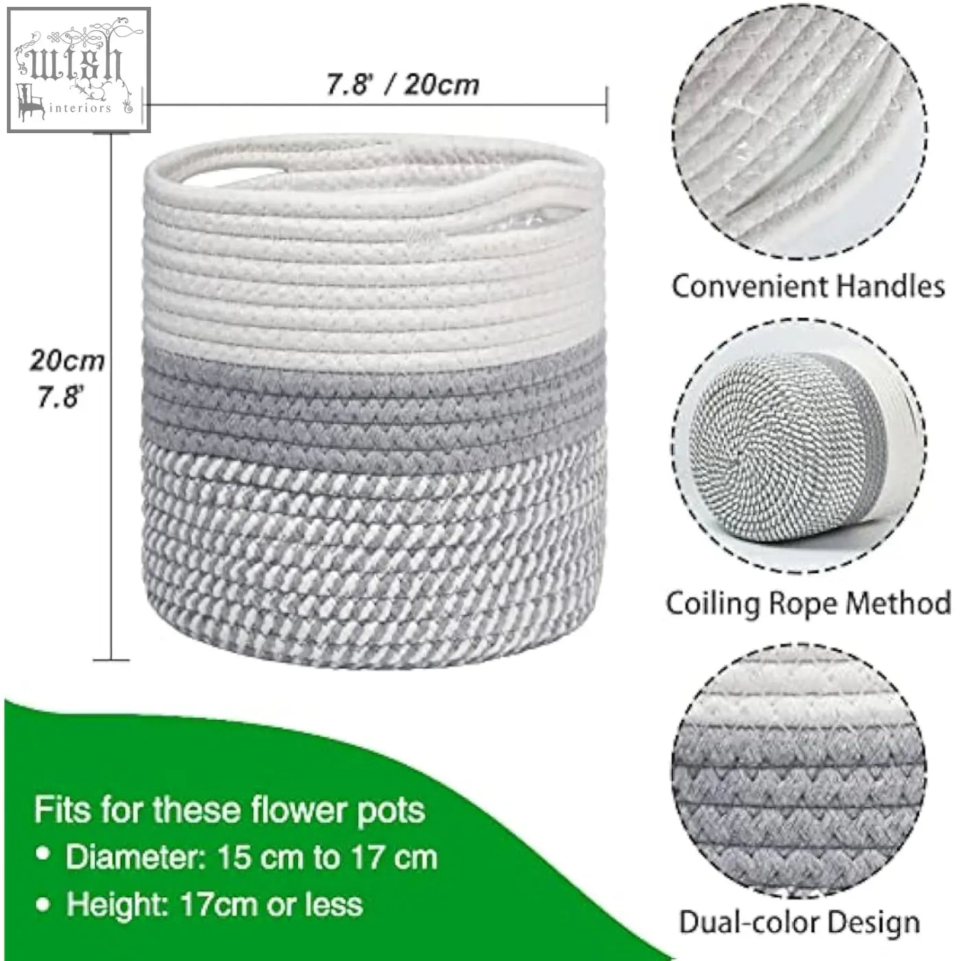Tenn well 20cm white and grey cotton woven storage basket with handles for indoor plants plant pot or flower pot