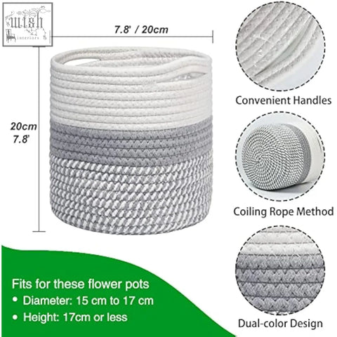 Tenn well 20cm white and grey cotton woven storage basket with handles for indoor plants plant pot or flower pot