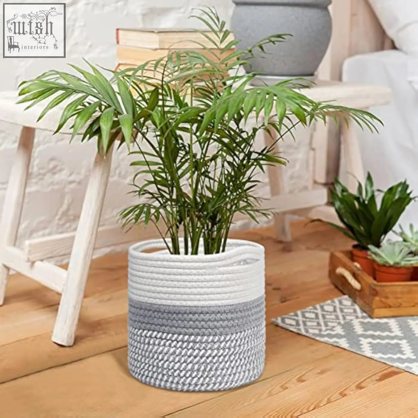 Tenn well 20cm indoor plant pot with woven cotton gray and white braided design perfect as a flower pot or planter