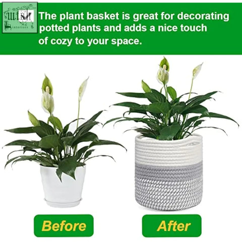 Cozy woven cotton plant pot in white and gray stripes perfect as a flower pot for indoor plants and home decor