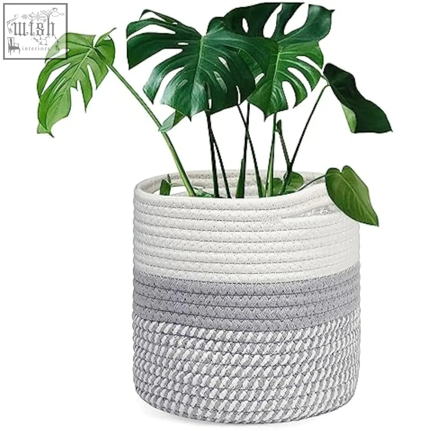 Tenn well 20cm plant pot with liner featuring white and grey woven cotton rope for indoor plants and flower pot decor