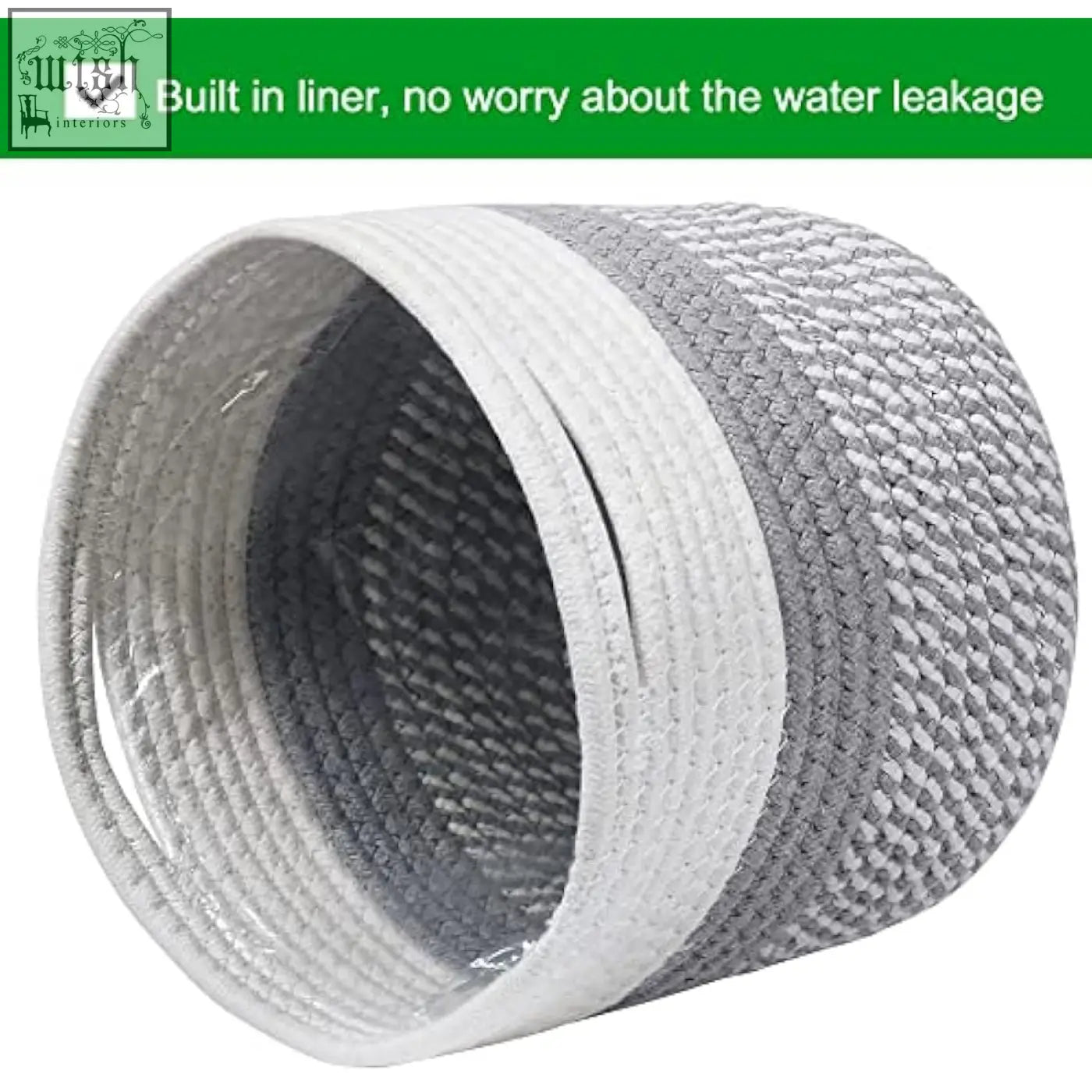 Gray and white braided cotton indoor plant pot with built in liner perfect for flower pots and indoor plants storage