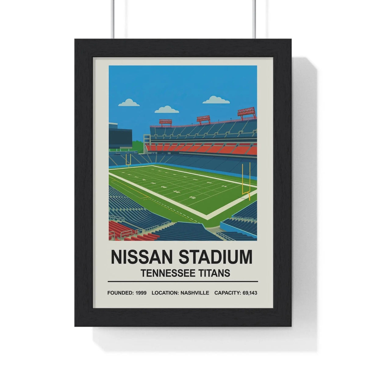 Black-framed tennessee titans nissan stadium print with stylized illustration of green field blue seats and red accents