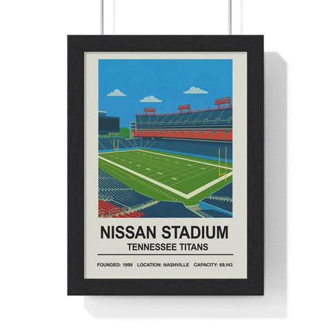 Black-framed tennessee titans nissan stadium print with stylized illustration of green field blue seats and red accents