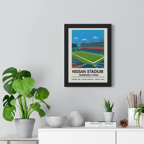 Black-framed poster print of nissan stadium with vibrant blue sky green field and red tennessee titans seating
