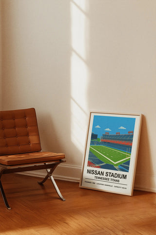 A framed tennessee titans poster featuring a stylized blue and green illustration of nissan stadium against a bright sky