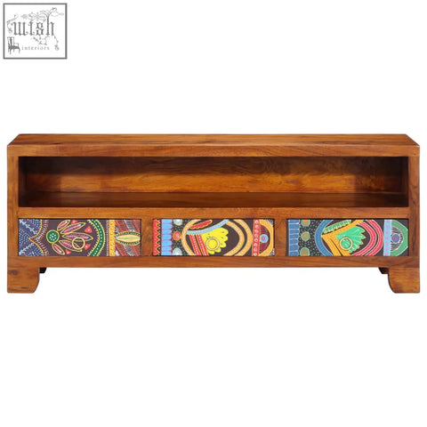 Wooden media console with three colorful tribal patterned drawers made of solid acacia wood 110cm wide