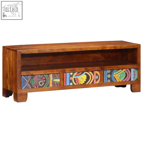 Wooden media console in solid acacia wood with three drawers featuring colorful hand-painted tribal patterns