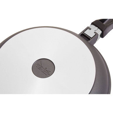 Tenzo 24cm non-stick frying pan in white with black handle and gray rim featuring tefal logo in the center