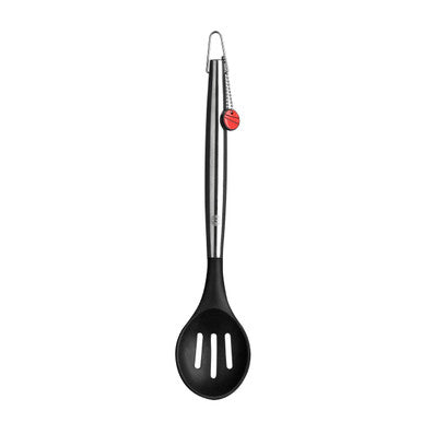 Black silicone small slotted spoon with stainless steel handle and red tag from tenzo for easy cooking tasks