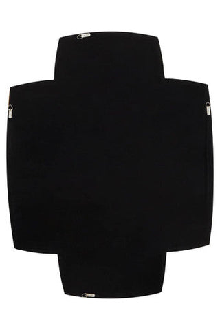 Black cross-shaped blanket with silver zipper pulls displayed behind terni gold finish wall mirror with gold-effect frame