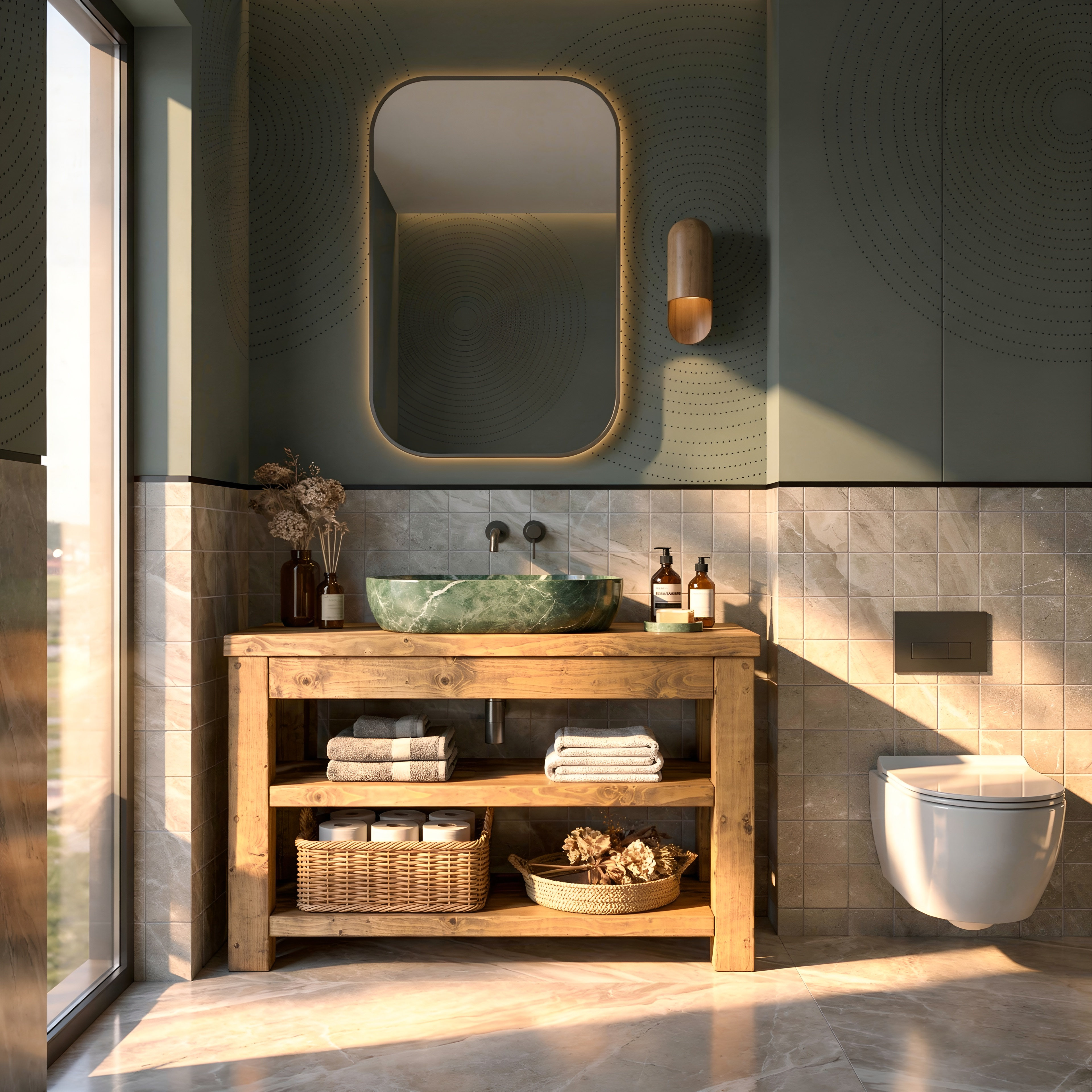 Green marble vessel sink on solid wood bathroom vanity with shelf perfect for wood bathroom styling