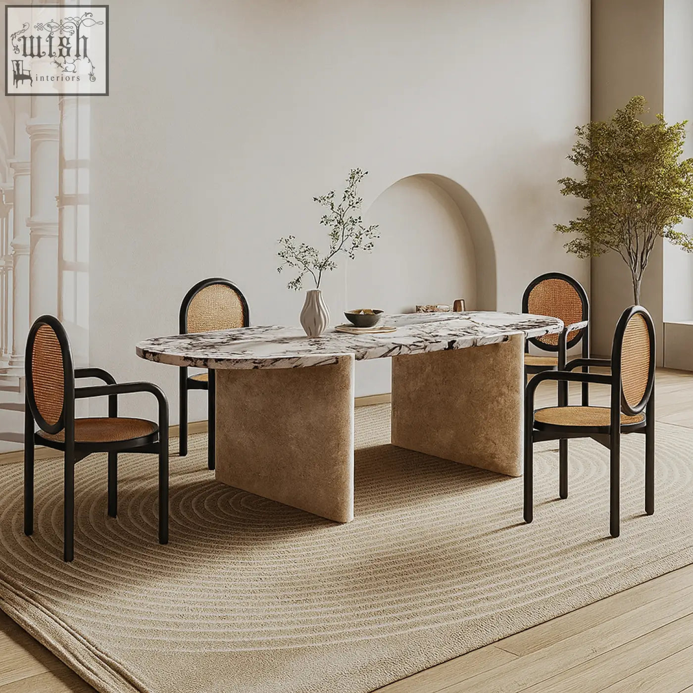 Teruo dining table with a white and gray marble top and beige stone sturdy base perfect for dining rooms