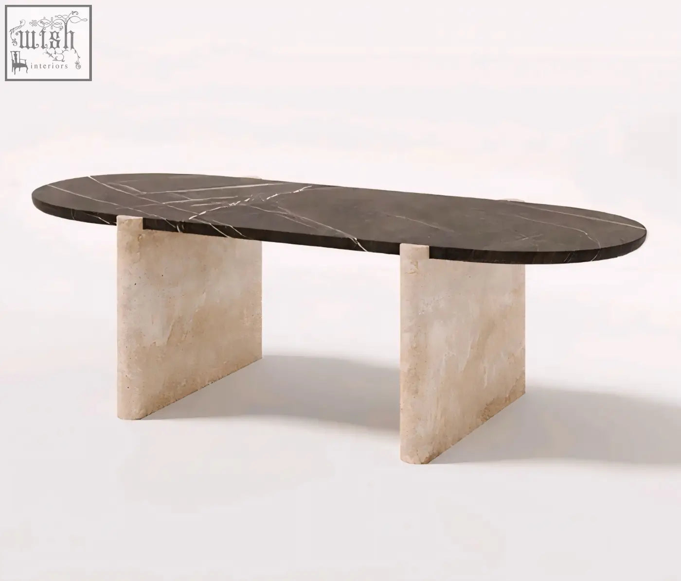 Elegant teruo dining table with oval dark veined marble top and sturdy beige stone base for stylish dining