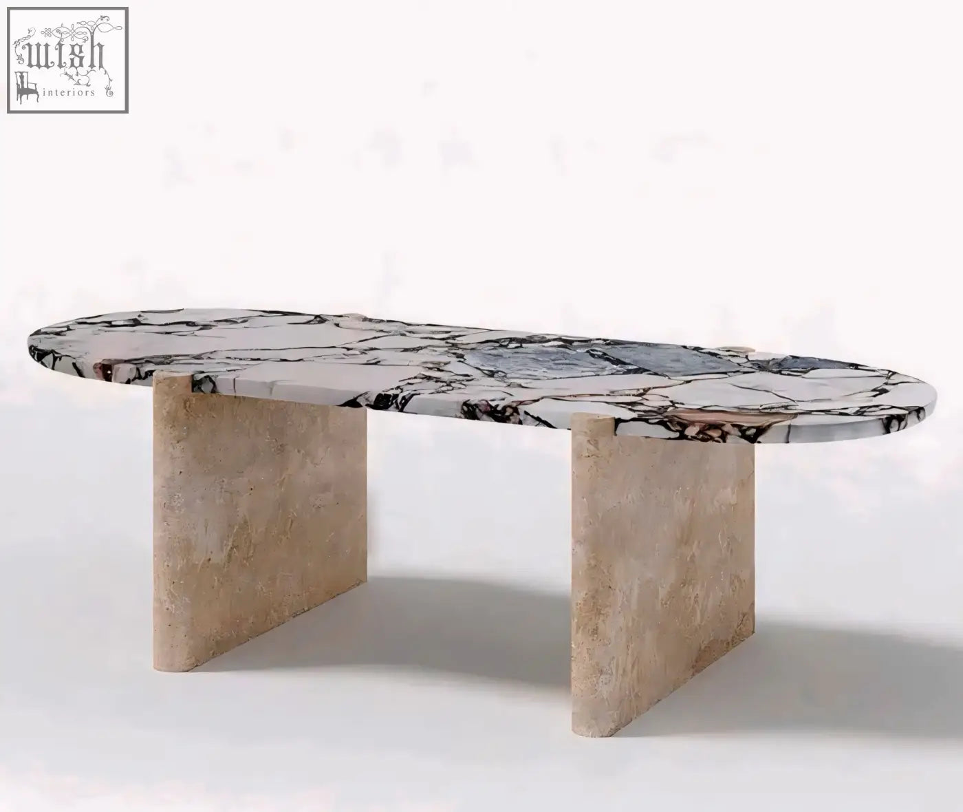 Elegant teruo dining table with oval white and black veined marble top and sturdy beige stone base