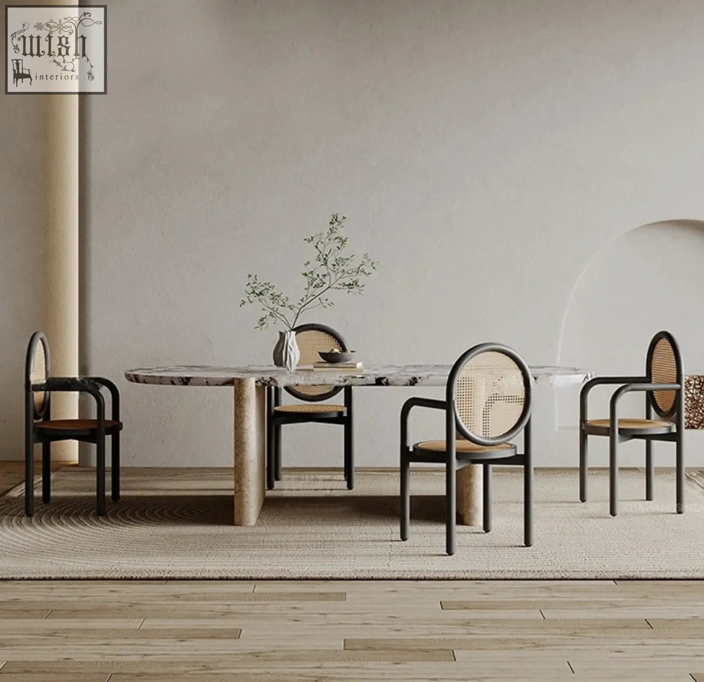 Teruo dining table with marble top and sturdy cylindrical stone legs in a minimalist design for dining spaces