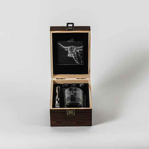 Dark wood texas longhorn drinks set with engraved glass tumbler and silver bar tool in black velvet-lined box