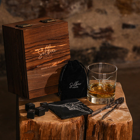 Dark wood texas longhorn drinks set box with engraved selbree house featuring rustic finish and black metal hinges