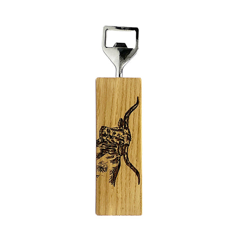 A sleek texas longhorn oak bottle opener with a laser-engraved longhorn design and metallic silver cap
