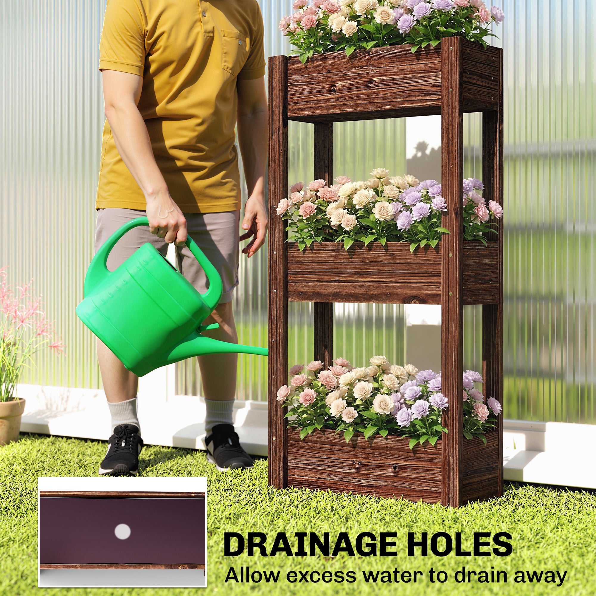 Outsunny 3-Tier Wooden Raised Planter, Raised Garden Bed on Legs with Drainage Holes and Bed Liner, Elevated Garden Planter