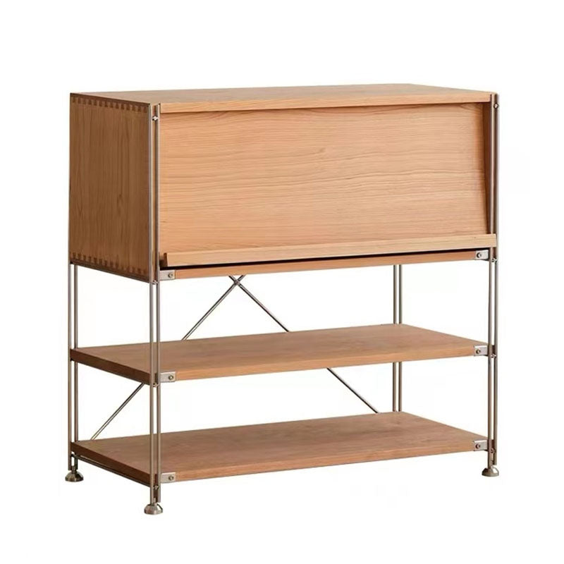 Light wood grain thalia multifunctional sideboard with roll-top lid and open shelves on metal legs for hallway storage