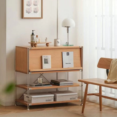 Light wood and metal three tier storage shelf with sliding door on top tier for thalia multifunctional sideboard