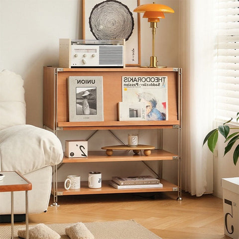 Thalia multifunctional sideboard with three light oak shelves and silver steel frame perfect for hallway storage