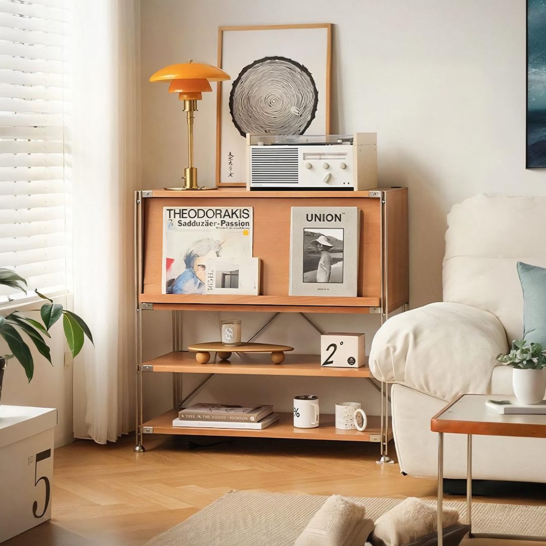 A minimalist wooden thalia multifunctional sideboard with metal frame perfect for hallway storage featuring books mugs and decor