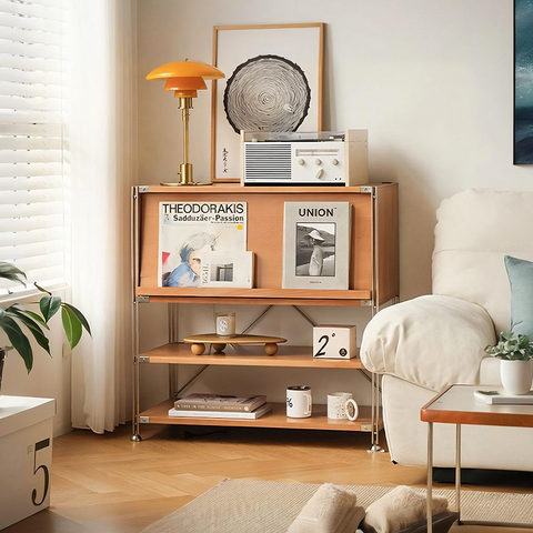 A minimalist wooden thalia multifunctional sideboard with metal frame perfect for hallway storage featuring books mugs and decor
