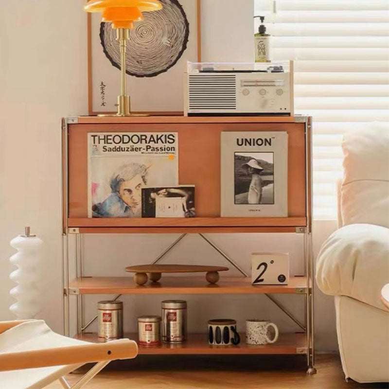 Minimalist wooden thalia multifunctional sideboard with metal frame displaying vintage records and decor for hallway storage