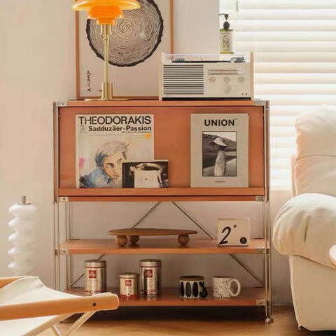 Minimalist wooden thalia multifunctional sideboard with metal frame displaying vintage records and decor for hallway storage